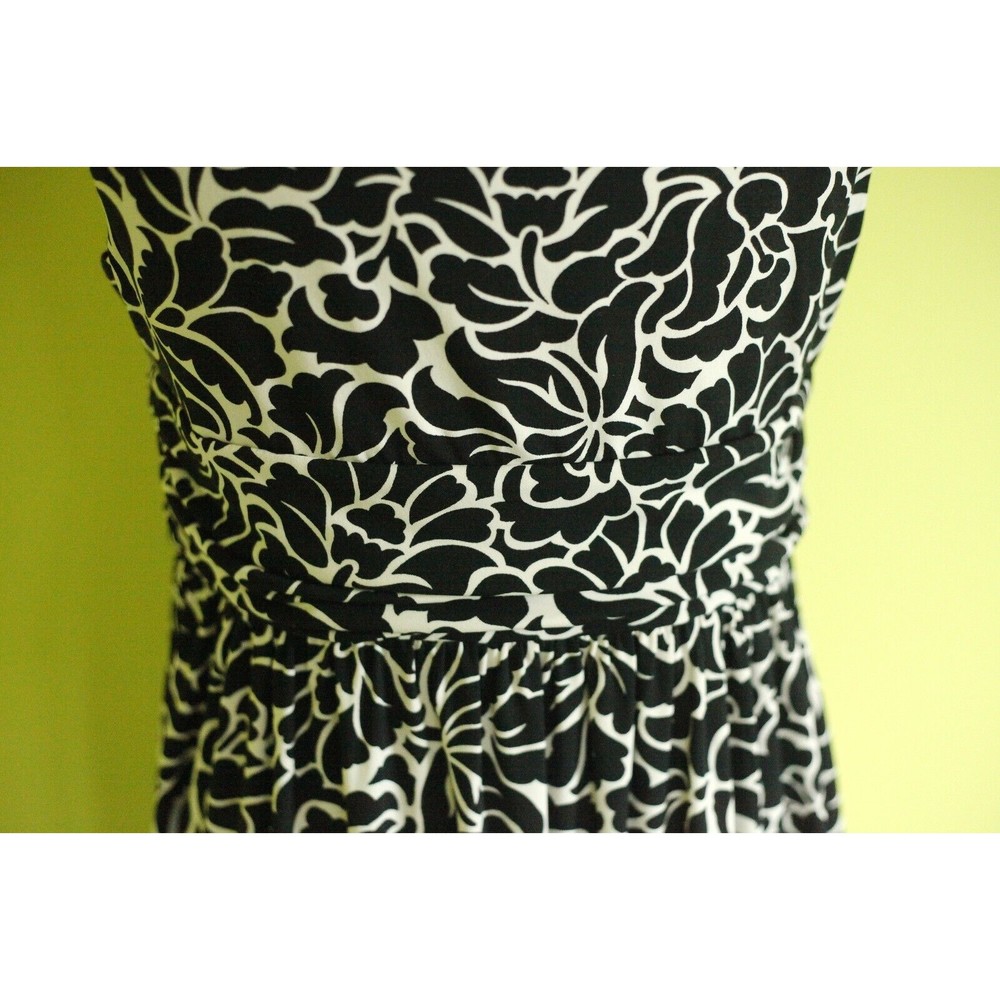 LOFT Sz M Womens Dress Black White Floral Sleeveless Round Neck Gathered Waist - Picture 5 of 12